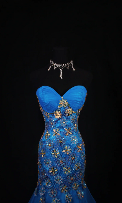 Vintage Blue Mermaid Long Prom Dresses Beaded Tulle Sweetheart Formal Dresses Sleeveless Evening Dresses EP06005