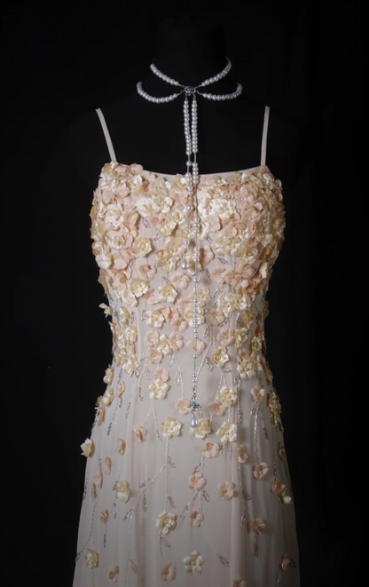 Vintage Sheath Long Prom Dresses Appliques Chiffon Spaghetti Straps Formal Dresses Sleeveless Evening Dresses EP06007