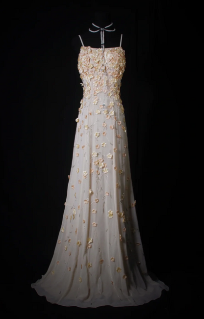 Vintage Sheath Long Prom Dresses Appliques Chiffon Spaghetti Straps Formal Dresses Sleeveless Evening Dresses EP06007