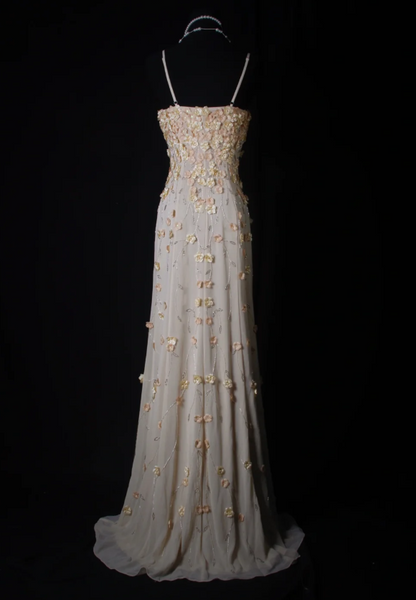 Vintage Sheath Long Prom Dresses Appliques Chiffon Spaghetti Straps Formal Dresses Sleeveless Evening Dresses EP06007