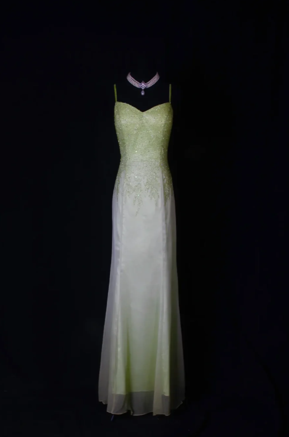 Chic Green Sheath Long Prom Dresses Satin Beaded Spaghetti Straps Formal Dresses Sleeveless Evening Dresses EP06017