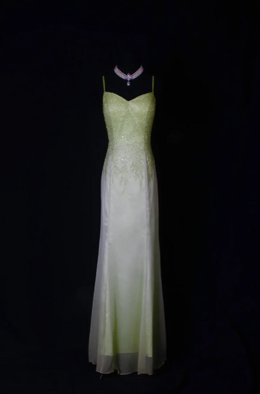 Chic Green Sheath Long Prom Dresses Satin Beaded Spaghetti Straps Formal Dresses Sleeveless Evening Dresses EP06017