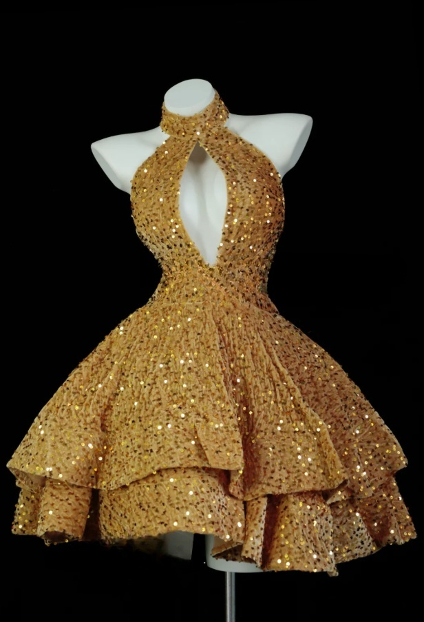 Chic Gold A-Line Short Prom Dresses Sequins Halter Party Dresses Sleeveless Evening Dresses EP06019