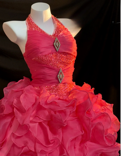 Chic Watermelon A-Line Short Prom Dresses Tulle Halter Party Dresses Sleeveless Evening Dresses EP06020