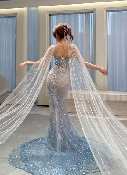 Chic Ice-blue Mermaid Long Prom Dresses Tulle Beaded Jewel Formal Dresses Sleeveless Evening Dresses EP06021