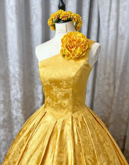 Judy's Yellow Dress _ Chic Yellow A-Line Long Prom Dresses Satin One-Shoulder Sleeveless Evening Dresses EP06023
