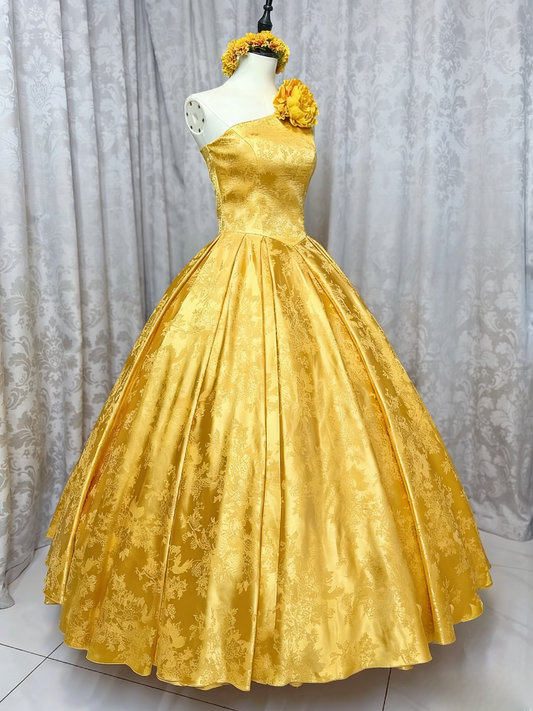 Judy's Yellow Dress _ Chic Yellow A-Line Long Prom Dresses Satin One-Shoulder Sleeveless Evening Dresses EP06023