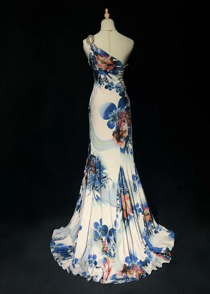 Sexy Sheath Long Prom Dresses Floral Chiffon One-shoulder Evening Dresses Sleeveless Party Dresses EP06040