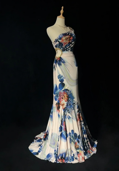 Sexy Sheath Long Prom Dresses Floral Chiffon One-shoulder Evening Dresses Sleeveless Party Dresses EP06040