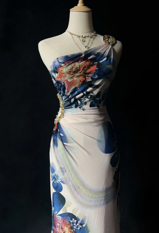 Sexy Sheath Long Prom Dresses Floral Chiffon One-shoulder Evening Dresses Sleeveless Party Dresses EP06040