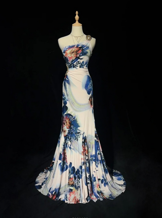 Sexy Sheath Long Prom Dresses Floral Chiffon One-shoulder Evening Dresses Sleeveless Party Dresses EP06040