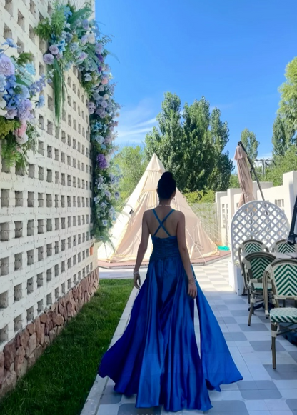Chic Blue Long Prom Dresses Sheath V-Neck Birthday Dresses Silk Sleeveless Evening Dresses EP06043