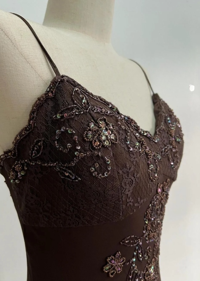 Chic Brown Long Prom Dresses Sheath Spaghetti Straps Birthday Dresses Beaded Chiffon Sleeveless Evening Dresses EP06044