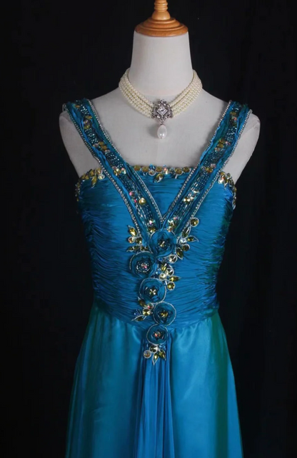Chic Blue Long Prom Dresses Sheath V-neck Birthday Dresses Beaded Satin Sleeveless Evening Dress EP06046