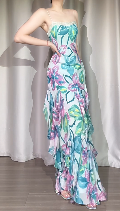 Chic Floral Long Prom Dresses Sheath Spaghetti Straps Birthday Dresses Chiffon Sleeveless Evening Dresses EP06049