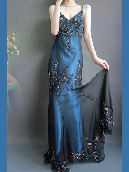 Chic Blue Long Prom Dresses Sheath Spaghetti Straps Birthday Dresses Chiffon Beaded Satin Sleeveless Evening Dresses EP06062