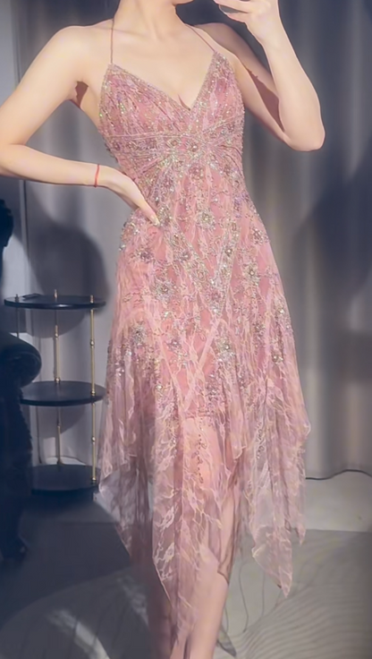Fairy Pink Short Prom Dresses Sheath Sapghetti Straps Birthday Dresses Lace Beaded Sleeveless Evening Dresses EP06065