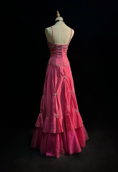 Fairy Hot Pink Long Prom Dresses Sheath Sapghetti Straps Birthday Dresses Beaded Satin Sleeveless Evening Dresses EP06067