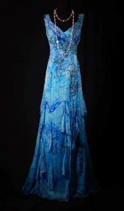 Chic Blue Floral Long Prom Dresses Chiffon Beaded Sheath Evening Dresses V-Neck Sleeveless Formal Dresses EP06077