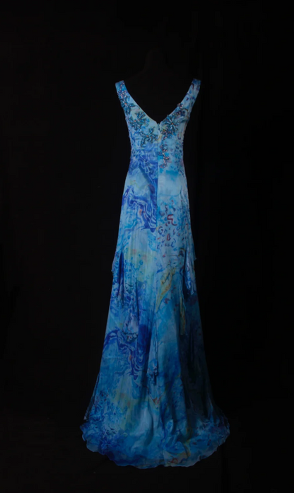 Chic Blue Floral Long Prom Dresses Chiffon Beaded Sheath Evening Dresses V-Neck Sleeveless Formal Dresses EP06077