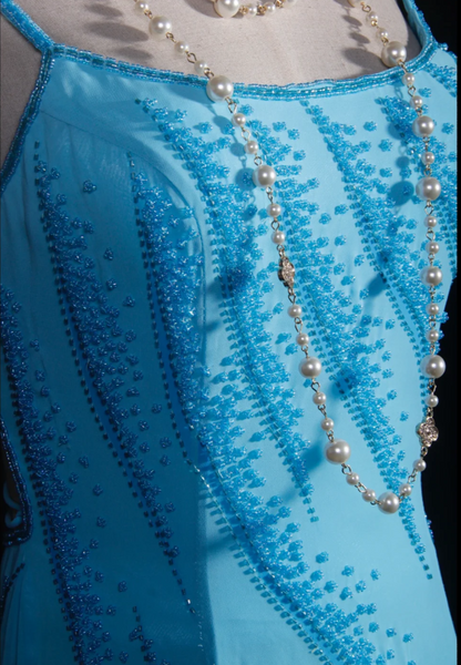 Chic Blue Long Prom Dresses Chiffon Beaded Sheath Evening Dresses Spaghetti Straps Sleeveless Formal Dresses EP06078
