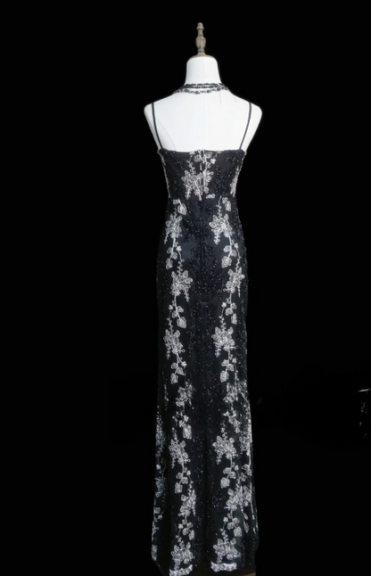 Glam Black Sheath Long Prom Dresses Appliques Satin Sapghetti Straps Evening Dresses Sleeveless Formal Dresses EP06091