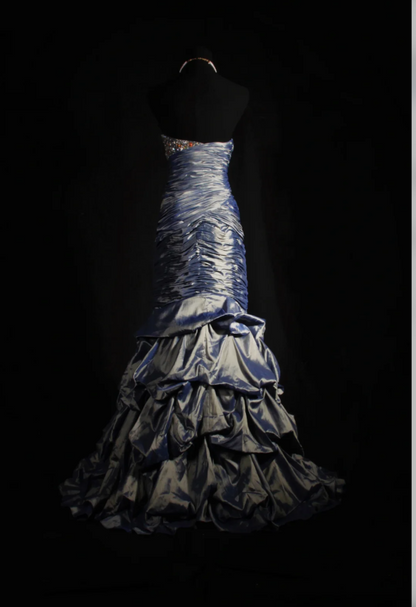Gorgeous Gray Blue Sheath Long Prom Dresses Satin Strapless Evening Dresses Sleeveless Formal Dresses EP06093