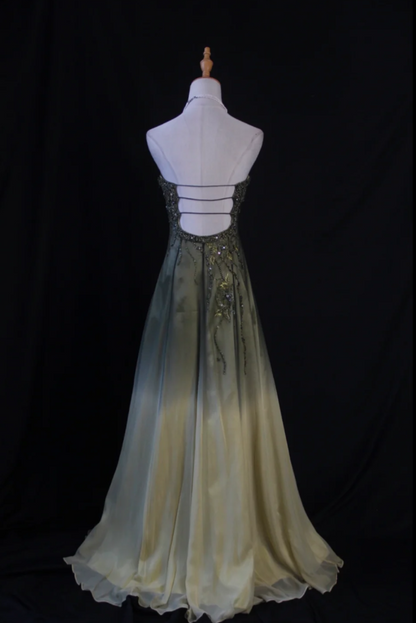 Gorgeous Green A-line Long Prom Dresses Sequins Chiffon Strapless Evening Dresses Sleeveless Formal Dresses EP06095