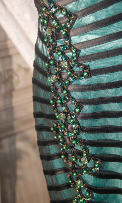 Gorgeous Dark Green Mermaid Long Prom Dresses Tulle Beaded Spaghetti Straps Evening Dresses Sleeveless Formal Dresses EP06097