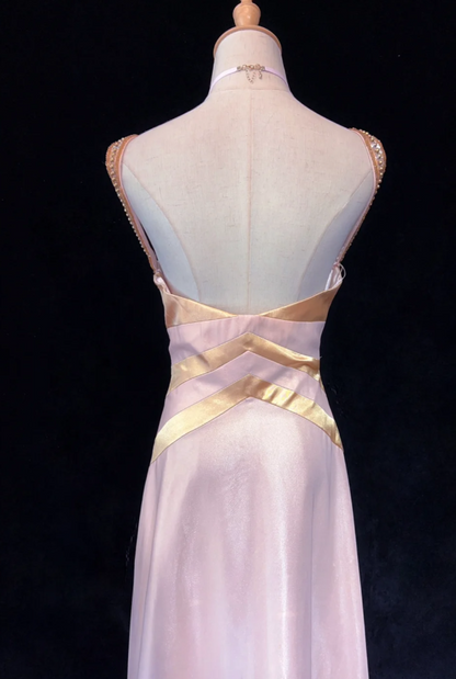 Fairy Pink Sheath Long Prom Dresses Satin Beaded V-neck Evening Dresses Sleeveless Formal Dresses EP06103