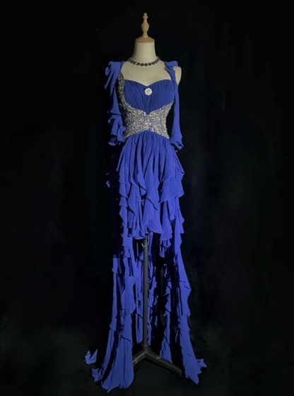 Glam Blue Long Prom Dresses Straps Sheath Evening Dresses Chiffon Formal Dresses EP06104