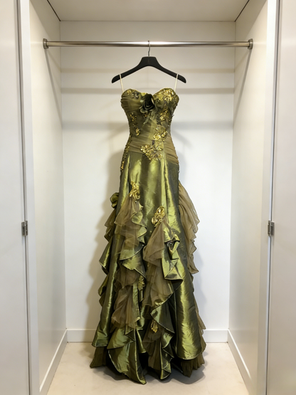 Glam Green Long Prom Dresses Appliques Sheath Evening Dresses Satin Strapless Formal Dresses EP06105