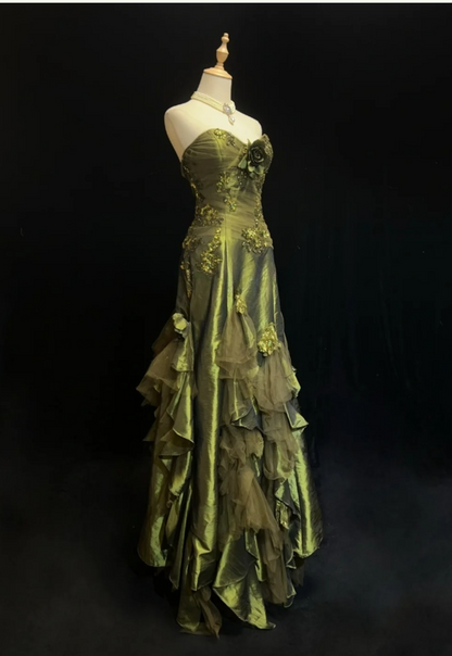 Glam Green Long Prom Dresses Appliques Sheath Evening Dresses Satin Strapless Formal Dresses EP06105