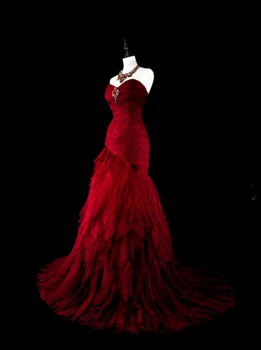 Glam Burgundy Long Prom Dresses Sheath Evening Dresses Tulle Strapless Formal Dresses EP06106