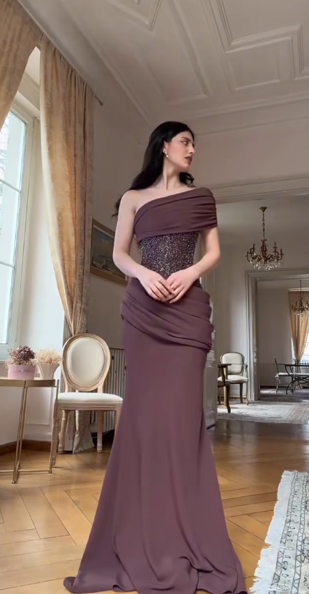 Glam Brown Long Prom Dresses Sheath Evening Dresses Chiffon One-shoulder  Formal Dresses EP06108