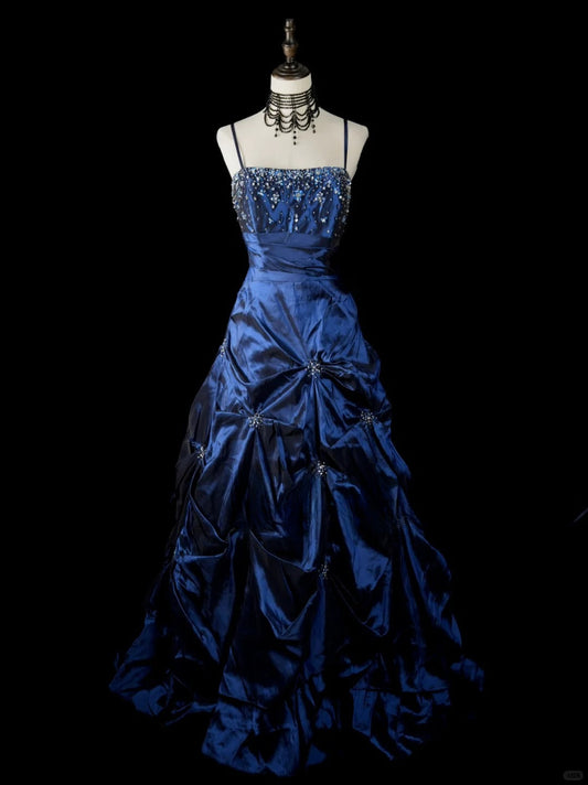 Vintage Navy Blue Long Prom Dresses A-Line Satin Sleeveless Evening Dresses Spaghetti Straps Birthday Dresses EP06118