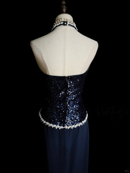 Vintage Navy Blue Long Prom Dresses Sheath Sleeveless Evening Dresses Chiffon Beaded Halter Birthday Dresses EP06119