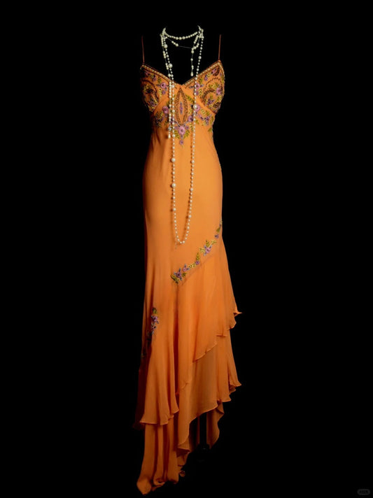 Vintage Orange Long Prom Dresses Sheath Sleeveless Evening Dresses Chiffon Appliques Spaghetti Straps Birthday Dresses EP06120