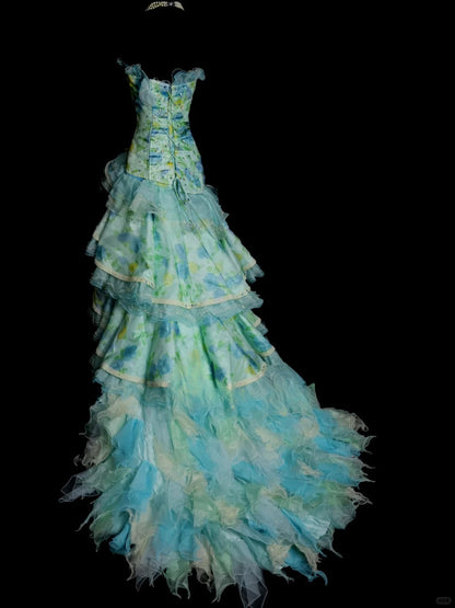 Cute Tiffany Blue Long Prom Dresses Sheath Sleeveless Quinceanera Dresses Tulle Strapless Birthday Dresses EP06122