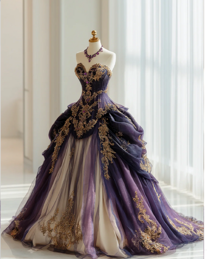 Gorgeous Purple Birthday Dresses, Sweetheart A-Line Long Prom Dresses, Appliques Tulle Quinceanera Dresses EP06500