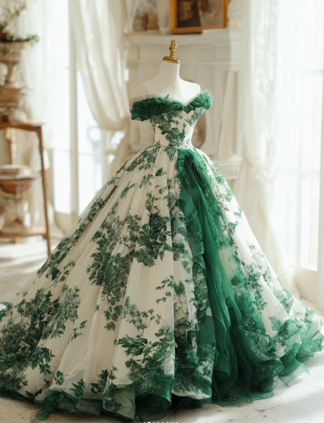Gorgeous Green Birthday Dresses, Off-shulder A-Line Long Prom Dresses,  Floral Tulle Sleeveless Evening Dresses EP06507