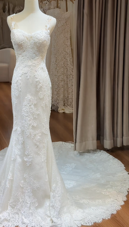 Chic Mermaid Long Wedding Dresses Lace White Bridal Gowns Sweetheart Sleeveless Bridal Dress EP06522