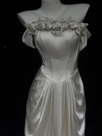 Gorgeous Pearl White Prom Dress Off-shoulder Sheath Evening Dress Beaded Satin Formal Dress EP06752