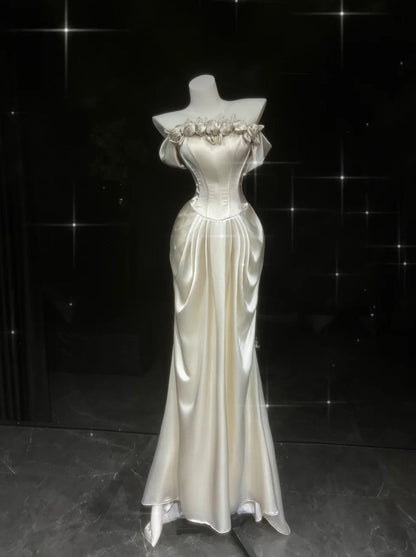 Gorgeous Pearl White Prom Dress Off-shoulder Sheath Evening Dress Beaded Satin Formal Dress EP06752