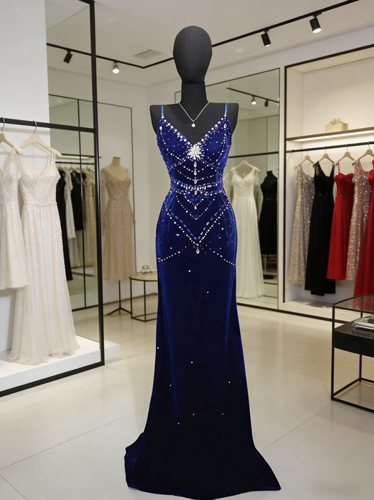 Gorgeous Royal Blue Prom Dress Straps Sheath Evening Dress Beaded Velvet Birthday Dress EP06755