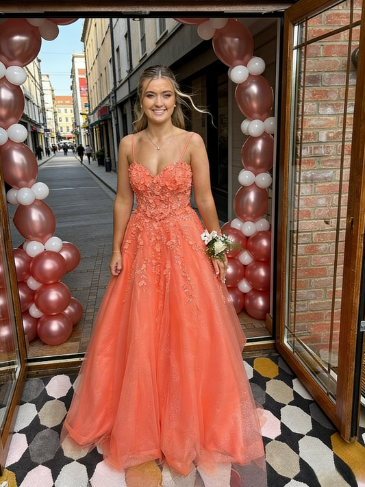 Gorgeous Orange Prom Dress Spaghetti Straps A-Line Long Evening Dress Appliques Tulle Birthday Dress EP06758