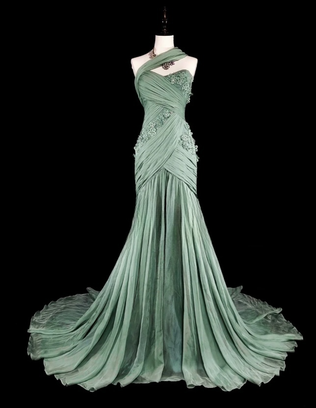 Chic Dusty Green Long  Prom Dresses Chiffon One-shoulder Sheath Evening Dresses EP06801