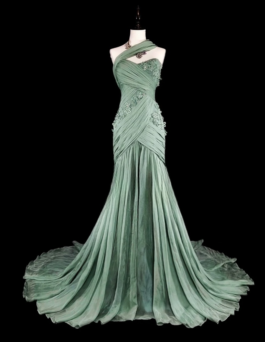 Chic Dusty Green Long  Prom Dresses Chiffon One-shoulder Sheath Evening Dresses EP06801