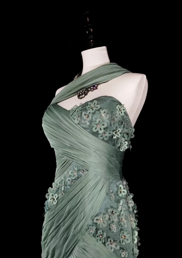 Chic Dusty Green Long  Prom Dresses Chiffon One-shoulder Sheath Evening Dresses EP06801