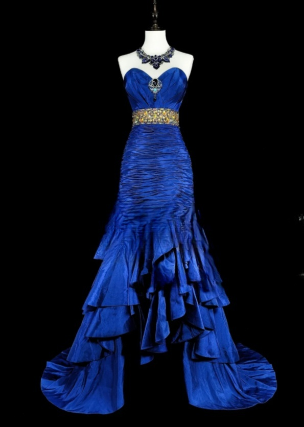 Glam Blue Long Prom Dresses Sweetheart Sheath Evening Dresses Satin Sleeveless Formal Dresses EP06803